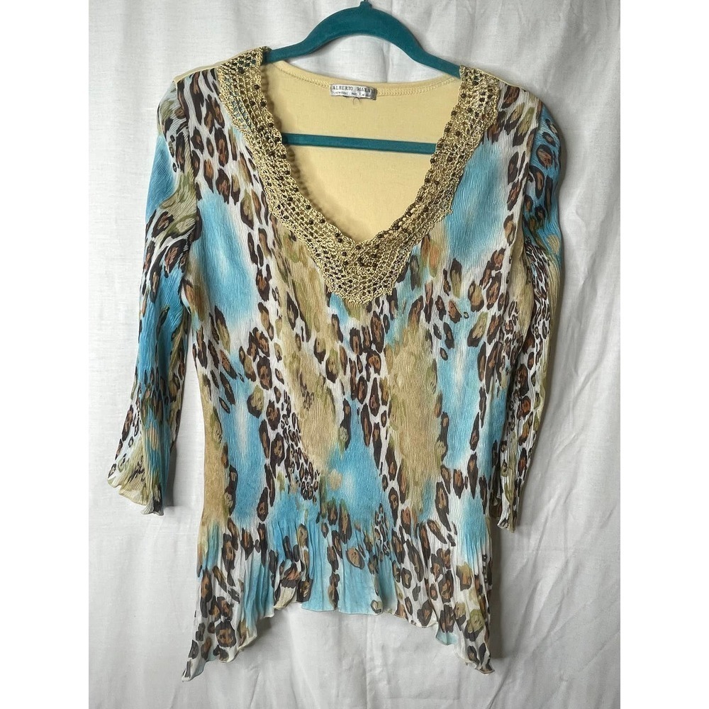 Alberto Makali Animal Print Top Crocheted and Beaded Neckline Size L  *